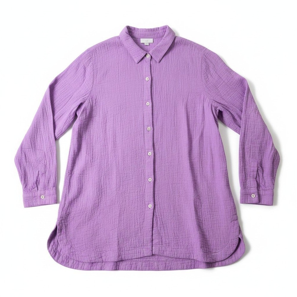 J. Jill Womens Purple Cotton Gauze Tunic Shirt Button Down Size L Relaxed Fit